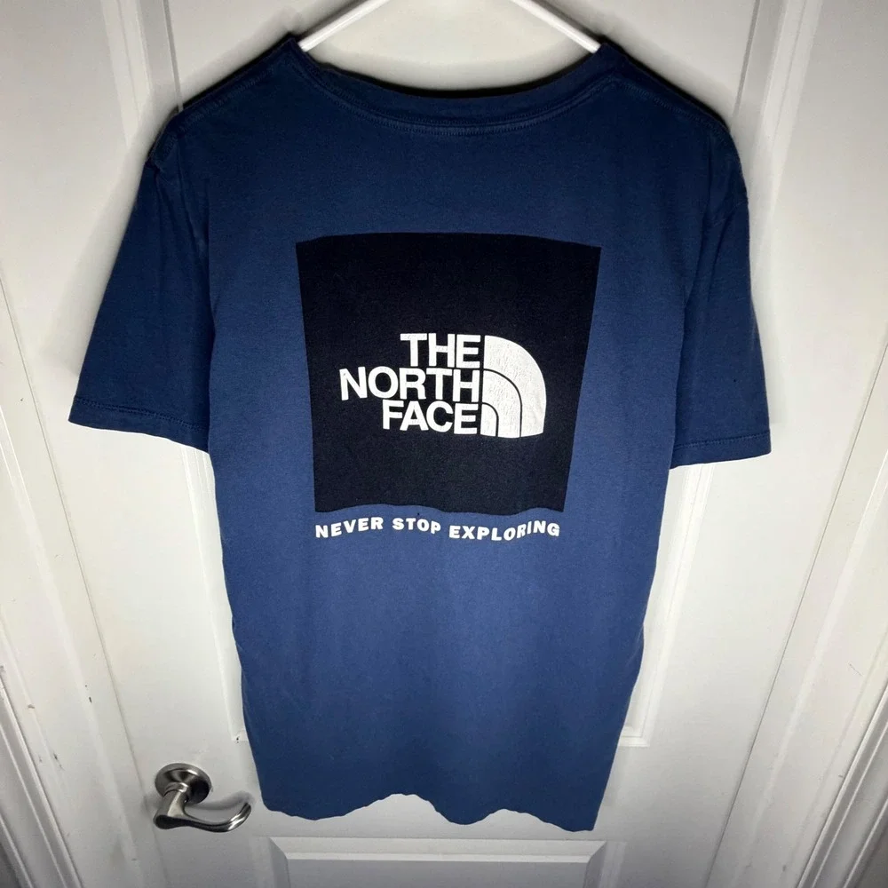 The North Face Blue Graphic Box Logo T-Shirt Never Stop Exploring Mens Medium